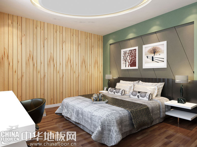 卧室最重要的功能就是服务于睡眠,这张卧室地板装修效果图中,灰白色的床品颇具工业感,绿色和灰色斜分隔的墙面更添艺术气息。另一侧墙面上的木质纹理与地面的木地板形成深浅对比,遥相呼应。(图片来源于... --> 卧室最重要的功能就是服务于睡眠,这张卧室地板装修效果图中,灰白色的床品颇具工业感,绿色和灰色斜分隔的墙面更添艺术气息。