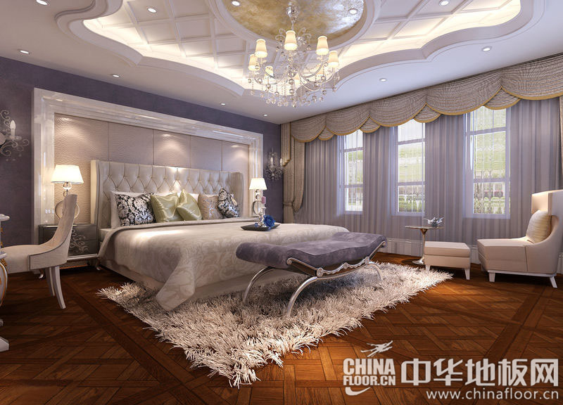 这款雅致的欧式卧室木地板装修效果图中,选用的合成纤维地毯材质令人抚摸起来倍感光滑,浅藕荷色床尾凳呈现优雅弯曲的造型,洋溢着柔和的色彩。几何图案拼接的木地板让地面不再单调,也提升了卧室的舒适... -->