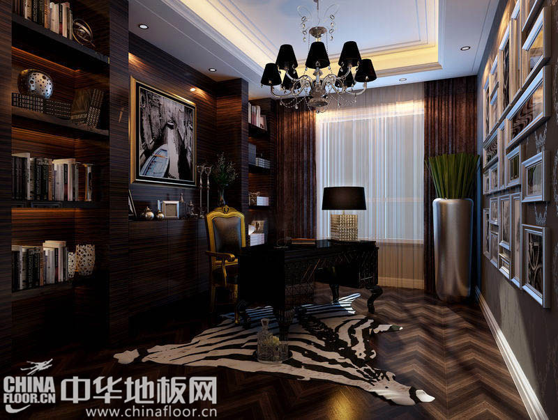 这款欧式书房地板装修效果图中,大小不一的黑白装饰画充实了右侧的背景装饰墙,整齐排列的书籍增添了空间的文化气息。渐变色彩的人字拼花地板,搭配浮夸新颖的斑马皮艺,结合了现代与古典美学的底蕴,显... --> 这款欧式书房地板装修效果图中,大小不一的黑白装饰画充实了右侧的背景装饰墙,整齐排列的书籍增添了空间的文化气息。