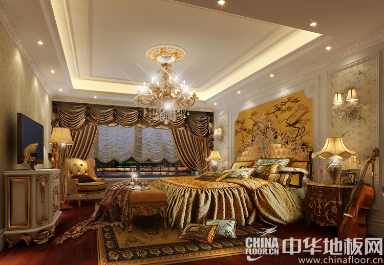 金碧辉煌,这就是这张卧室地板装修效果图的极致表现。吊顶中空的视觉感受,气势宏大,无论是吊灯壁灯都富有奢华的气息,让人享受高贵皇族的生活。红棕色木地板和奢华的软装凸显出居室的大气和奢华。(图片... --> 金碧辉煌,这就是这张卧室地板装修效果图的极致表现。吊顶中空的视觉感受,气势宏大,无论是吊灯壁灯都富有奢华的气息,让人享受高贵皇族的生活。